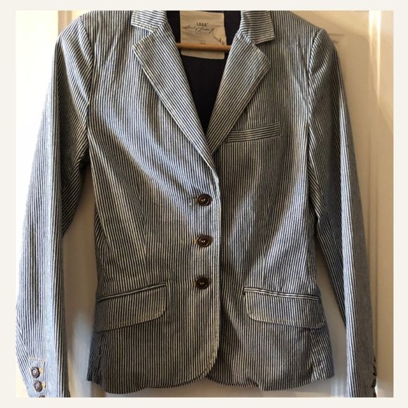 L.O.G.G. By H&M Women's Navy & White Striped Notch Collar Fitted Blazer - Picture 1 of 6